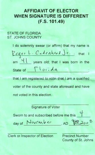Affadavit of Elector when Signature is Different form, state of Florida