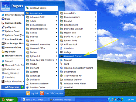 To get to a command line on other Windows systems, click the Start button, choose Programs, then click MS-DOS Prompt (as shown below):