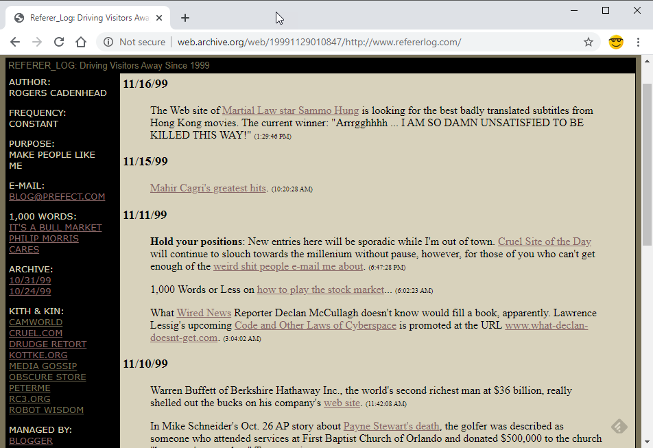 A screen capture of this blog from November 1999