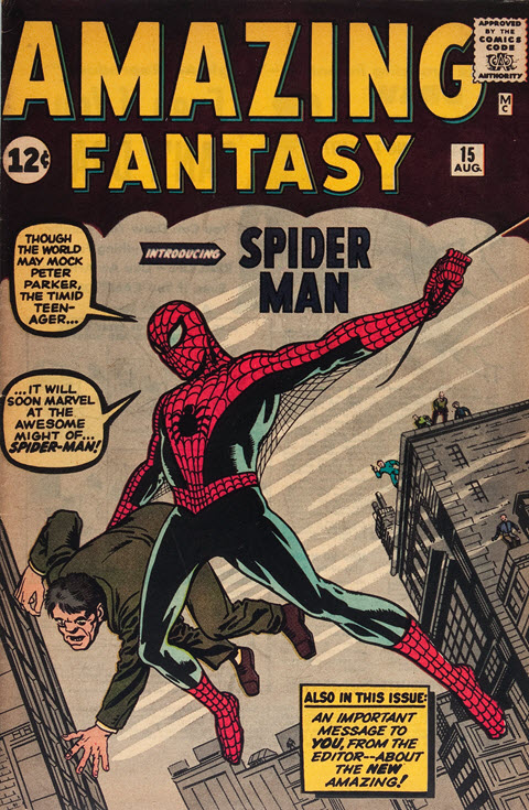 Cover of Amazing Fantasy 15, the 1962 comic book that introduced Spider-Man. He's swinging on a web with one hand and holding a man with the other. Spider-Man says, 'Though the world may mock Peter Parker, the timid teen-ager ... it will soon marvel at the awesome might of Spider-Man!'