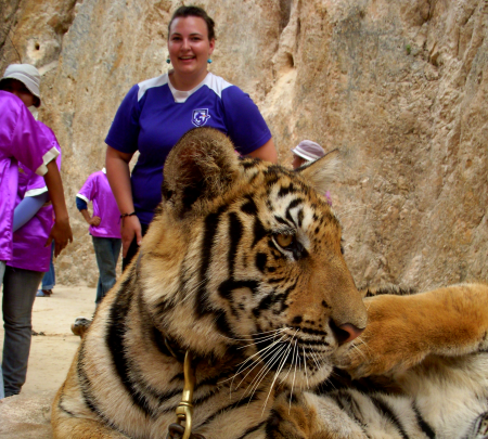 Anna Wencl posing with a tiger at the Tiger Temple in Kanchanaburi, Thailand, licensed under Creative Commons