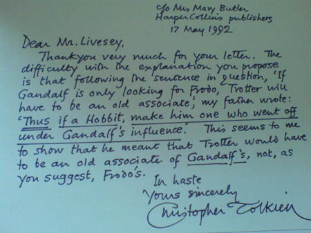 Handwritten 1992 letter from Christopher Tolkien