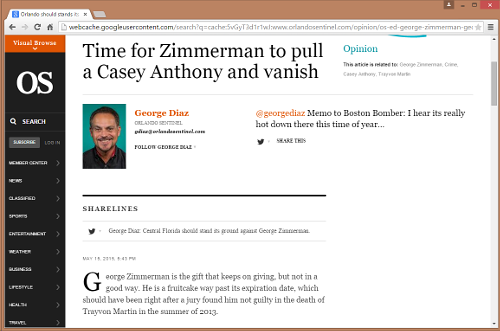 Screen shot of Orlando Sentinel column on George Zimmerman by George Diaz