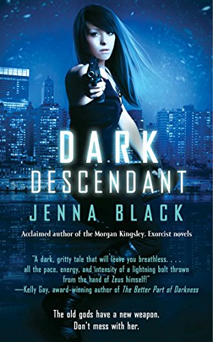 Cover of Jenna Black's novel Dark Descendant, which shows a dark-haired young woman with long straight hair and a serious expression pointing a gun in front of a backdrop of city skyscrapers at night.