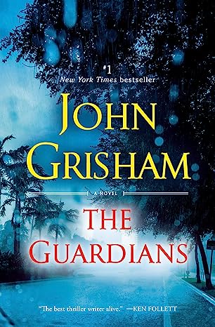 Cover of John Grisham's novel The Guardians, which shows an empty road with palm trees and other trees in the rain with dark clouds looming.
