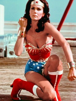 Lynda Carter as Wonder Woman, in her satin tights fighting for your rights