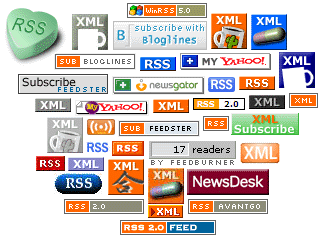 A graphic showing 39 different RSS icons, buttons and badges used to identify a site's RSS feed.
