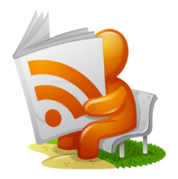 A cartoon of an orange person sitting on a bench reading a paper that has an RSS feed icon on it.